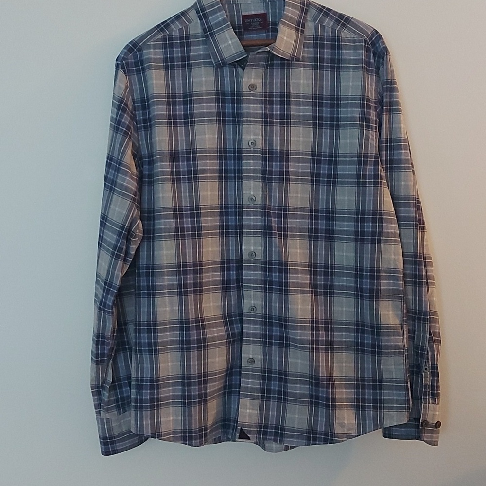 Untuckit Grey and Blue Plaid Casual Button Down Shirt 100% Cotton Size XLarge